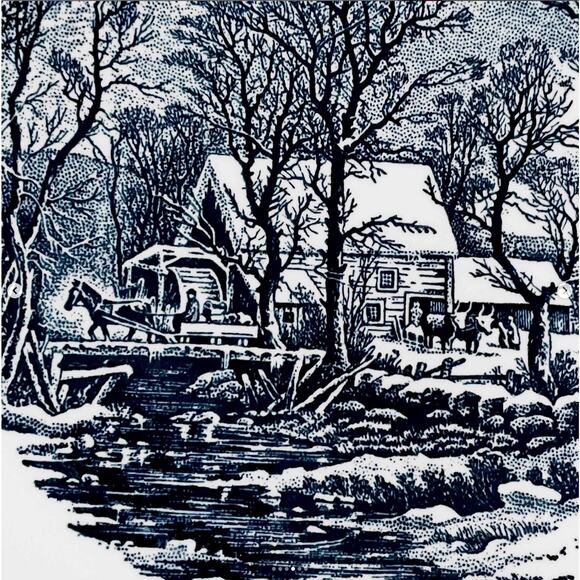 Vintage Currier & Ives Old Grist Mill Blue Transferware Dinner Plate Royal Ohio - Picture 4 of 6